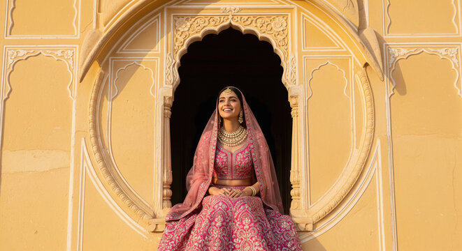Joyful Indian Bride in Ornate Palace Window