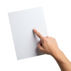 Obraz premium A person pointing at a blank white sheet of paper with their index finger.