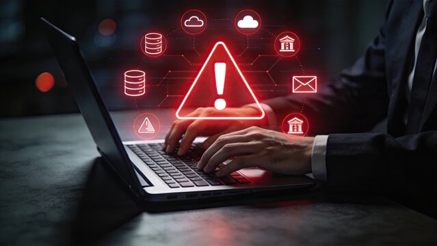 Cybersecurity Alert Businessman Typing On Laptop With Digital Warning Icon Data Protection Network Security Hacking Threat Technology Risk Online Safety Cyber Attack Information