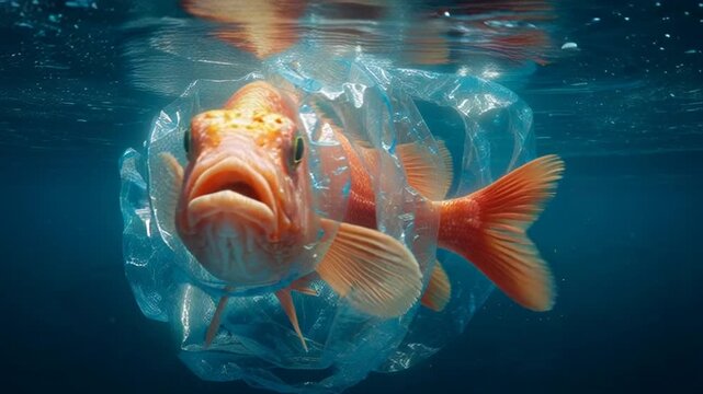 A large orange fish swims underwater entangled in a discarded plastic bag pollution