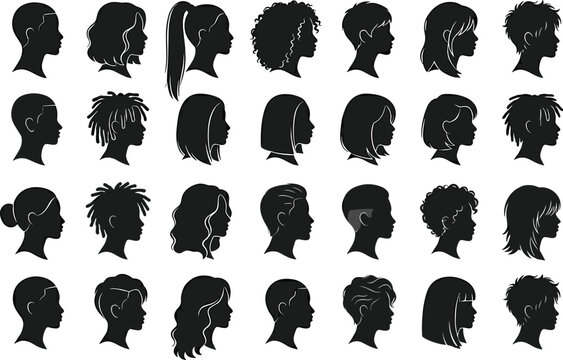 Black Hair Silhouette Vector Set Featuring Diverse Female Profile Icons Including Curls Braids Pixie Cuts Bob Hairstyles and Modern Fashion Trends
