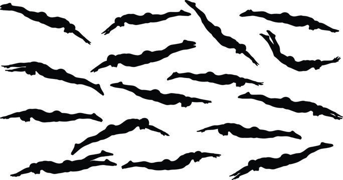Swimming silhouette collection featuring divers and swimmers in various poses underwater or at the surface isolated on white background for creative design