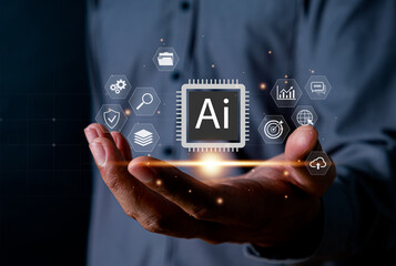 Businessman holding AI chip interface with digital icons, representing artificial intelligence, data analytics, automation, machine learning, cloud computing, and smart technology innovation