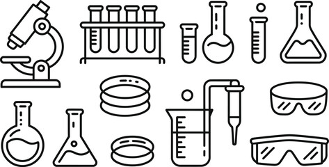 Science laboratory icons, lab equipment symbols, chemistry research illustrations, educational science graphics © Jihadul