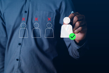 Businessman selecting candidate checkmark among rejected applicants, representing recruitment process, hiring decision, talent acquisition, human resources management and digital employee selection