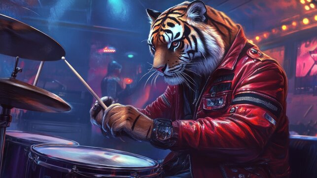 A tiger in a leather jacket drumming in a vibrant, neon-lit music venue.