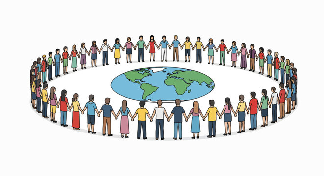 Diverse group of people from around the world holding hands in a circle around a globe on a white background, conveying unity and global connection on a special day.