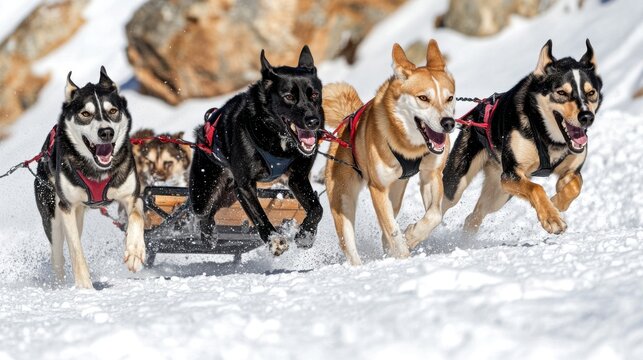 Dog Sled Team Running Through Snowy Winter Terrain