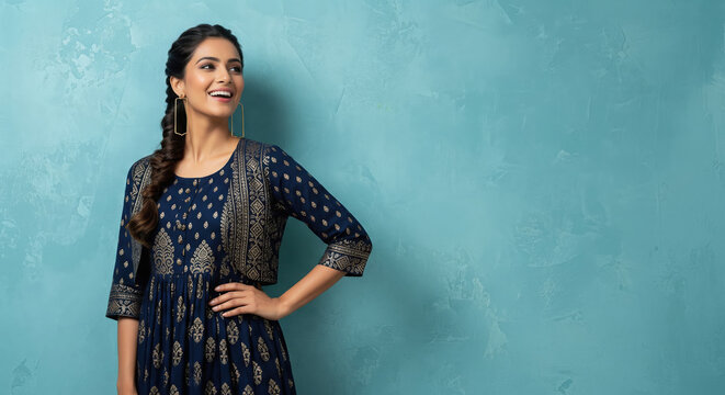 Beautiful Indian Woman Smiling in Blue Ethnic Dress