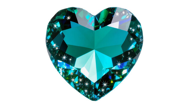 Brilliant faceted teal heart-shaped gemstone with sparkling reflections, perfectly isolated on transparent background for luxury jewelry designs
