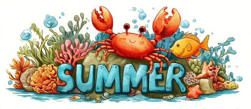 banner with summer text featuring crab and fish under the sea