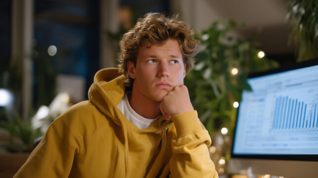 Freelance photographer reviewing inconsistent monthly earnings chart on computer with worried expression in home studio surrounded by equipment during tax preparation season, perfect for freelance i