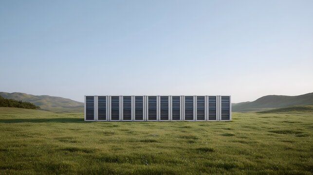Modular server racks arranged in a neat row across a vast green grassy field under a clear blue sky