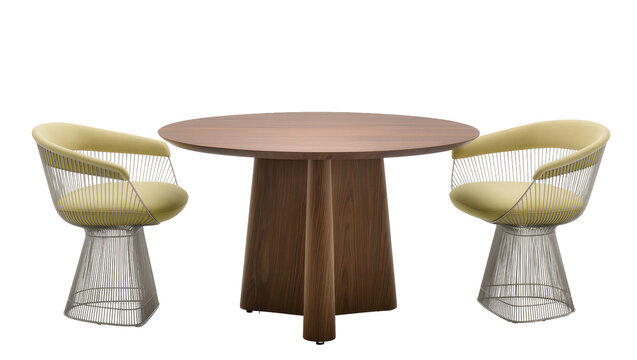Elegant round wooden dining table with a sturdy pedestal base flanked by two contemporary yellow upholstered wireframe chairs, isolated on transparent background for interior design concepts