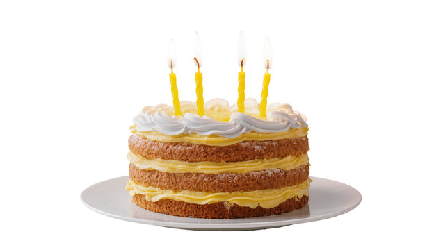 Golden brown layered cake with yellow cream and white frosting four lit candles, isolated on transparent background