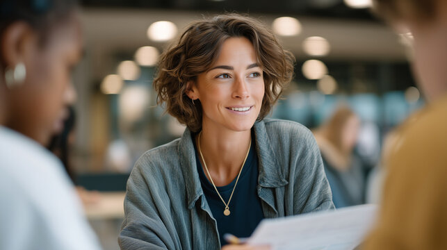 College counselor explaining student loan forgiveness programs to anxious students in campus office with program eligibility charts and application materials spread across desk, perfect for student 