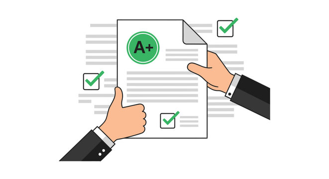 Professional hands presenting an academic report or examination result displaying a perfect A plus grade and multiple verified approval checkmarks in a vector illustration design.
