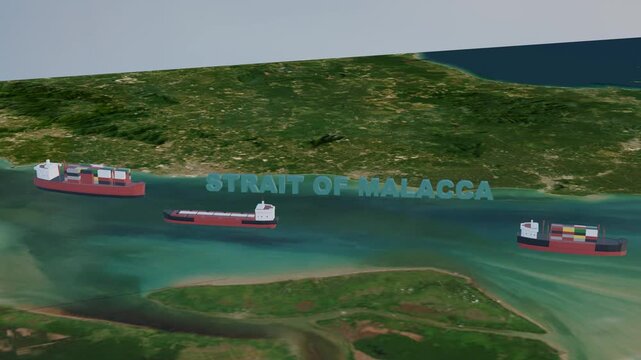 Aerial 3D Map View of Cargo Ships Navigating the Strait of Malacca