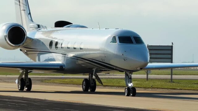 Taxiing corporate international jet reflecting bright mid-day sunlight.