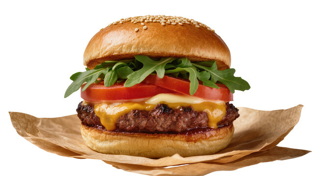 Grilled beef cheeseburger with fresh ingredients, isolated on transparent background