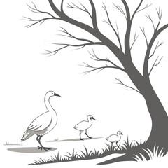 Naklejka premium A mother duck and her ducklings walking near a tree