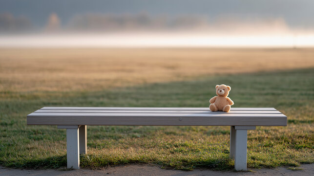 Lonely teddy bear sitting on empty bench in park symbolizing missing children awareness and child safety issues. Used for social campaigns, public awareness and family protection initiatives.