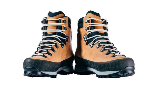 Tan hiking boots with black soles and white laces, isolated on transparent background