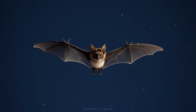 A small bat with intricate wings flying gracefully under a dark blue night sky with scattered stars.