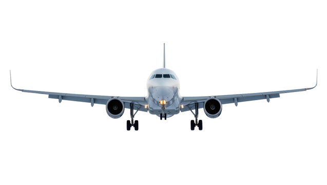 Silver jet with gear down, isolated on transparent background for transport