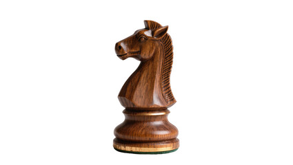 Naklejka premium Dark brown wooden chess knight piece with detailed carved horse head, isolated on transparent background