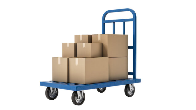 Stacked brown cardboard boxes on blue hand truck, isolated on transparent background