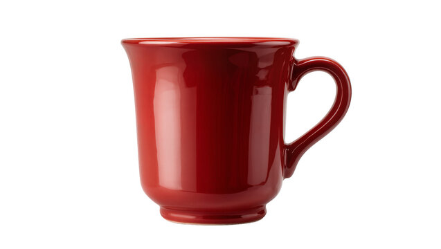 Glossy red ceramic coffee mug with a sturdy handle, isolated on transparent background for drink menus