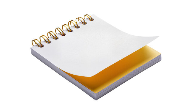 Spiral notepad with golden rings and yellow page, isolated on transparent background