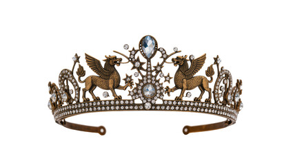 Ornate antique bronze tiara featuring two opposing winged griffin figures and sparkling clear and blue gemstones, isolated on transparent background © Irina
