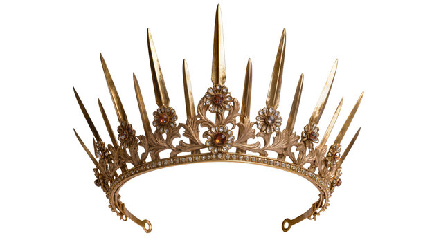 Golden ornate crown with filigree and jewels, isolated on transparent background