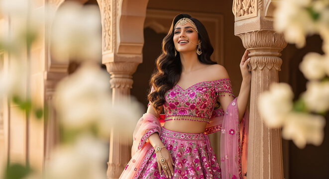 Beautiful Indian Woman in Pink Traditional Lehenga Choli Jewelry