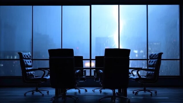 Silent Pact: A contemporary meeting room exudes an aura of power and confidentiality. Silhouette chairs encircle a polished table, beneath vast windows unveiling a city skyline.