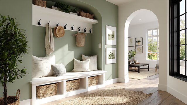 Stylish Interior Design Concept Showcasing a Modern Farmhouse Entryway with Practical Storage Solutions and Natural Elements
