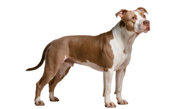 Muscular tan and white American Pit Bull Terrier dog standing alertly, isolated on transparent background