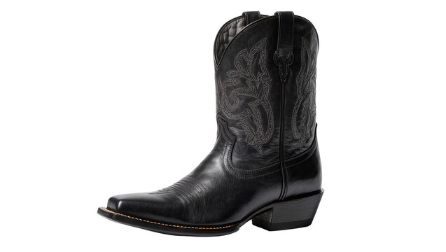 Black leather cowboy boot with ornate stitching, isolated on transparent background