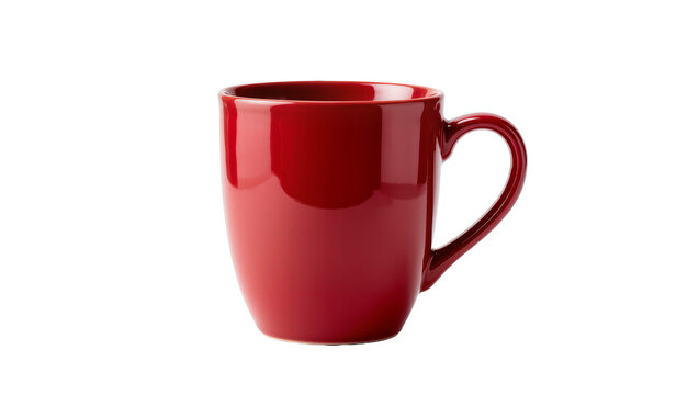 Glossy deep red ceramic coffee mug with a sturdy handle, isolated on transparent background for beverage designs