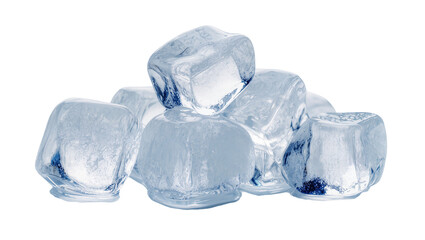 Clear blueish ice cubes stacked, isolated on transparent background for drinks
