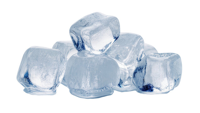 Clear blueish ice cubes stacked, isolated on transparent background for drinks