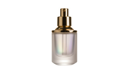 Fototapeta premium Frosted glass cosmetic pump bottle with golden dispenser and iridescent liquid, isolated on transparent background
