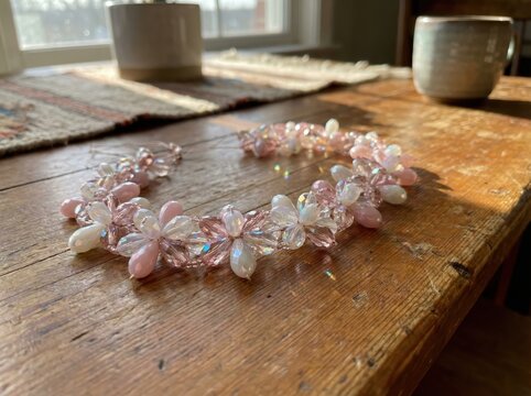 Handmade Bead Art Necklace Inspired by Cherry Blossom Petals