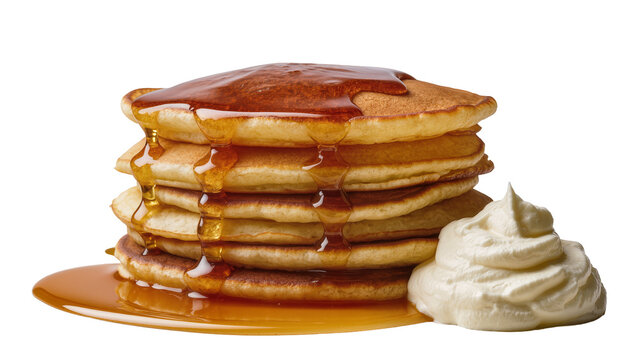 Golden fluffy pancake stack drenched in rich amber maple syrup with a dollop of creamy whipped topping, isolated on transparent background