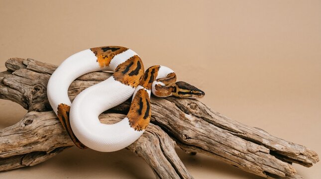 Irregularly patterned Pied Ball Python (Python regius) coiled on weathered driftwood with wide copy space