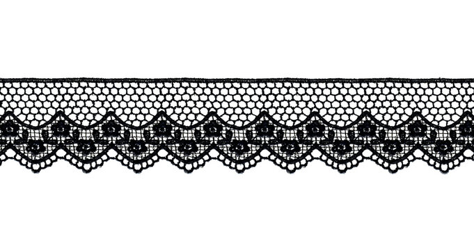 A horizontal black embroidered lace trim with scalloped floral edging, on a transparent background for borders, invitations, textiles, and decorative layouts