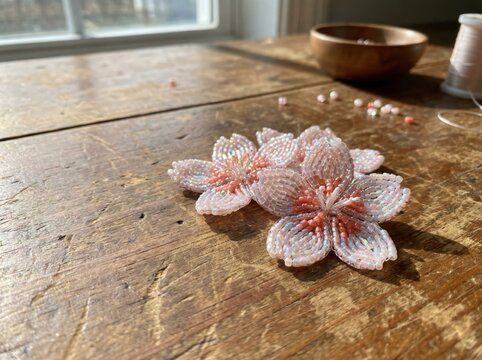 Handmade Bead Art Shaped Like Cherry Blossom Petals Close-up