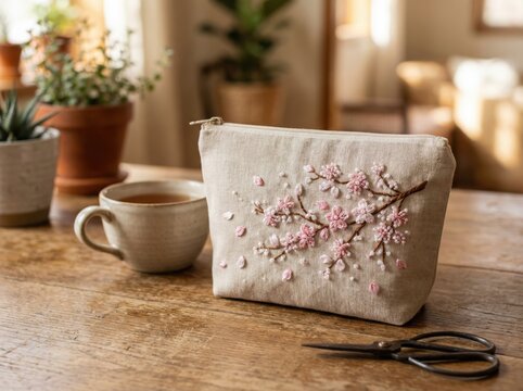 Delicate Beadwork and Embroidery Forming Sakura Petals on a Pouch